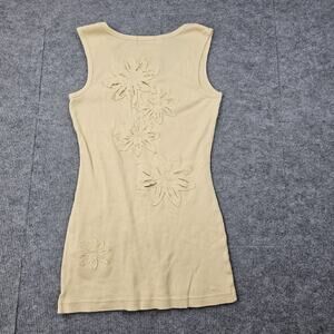 Y2K Princy Tank Top Womens Medium Beige Ribbed Longline Floral Embroidered Boho